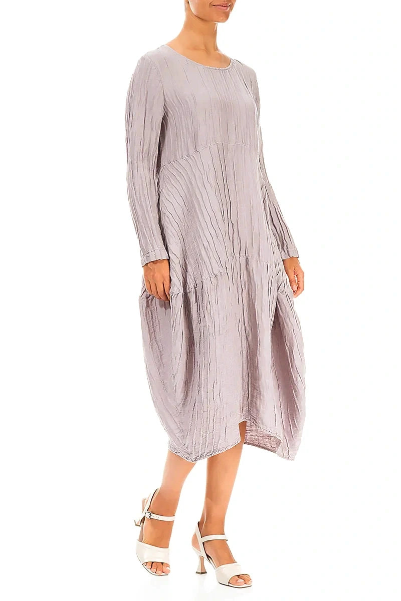 Long Sleeves Balloon Crinkled Greige Silk Linen Dress 4