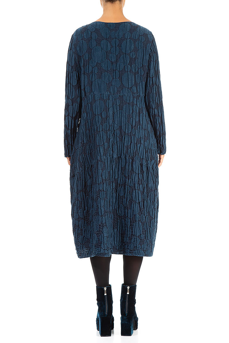 Long Sleeves Balloon Navy Circle Silk Linen Dress 2