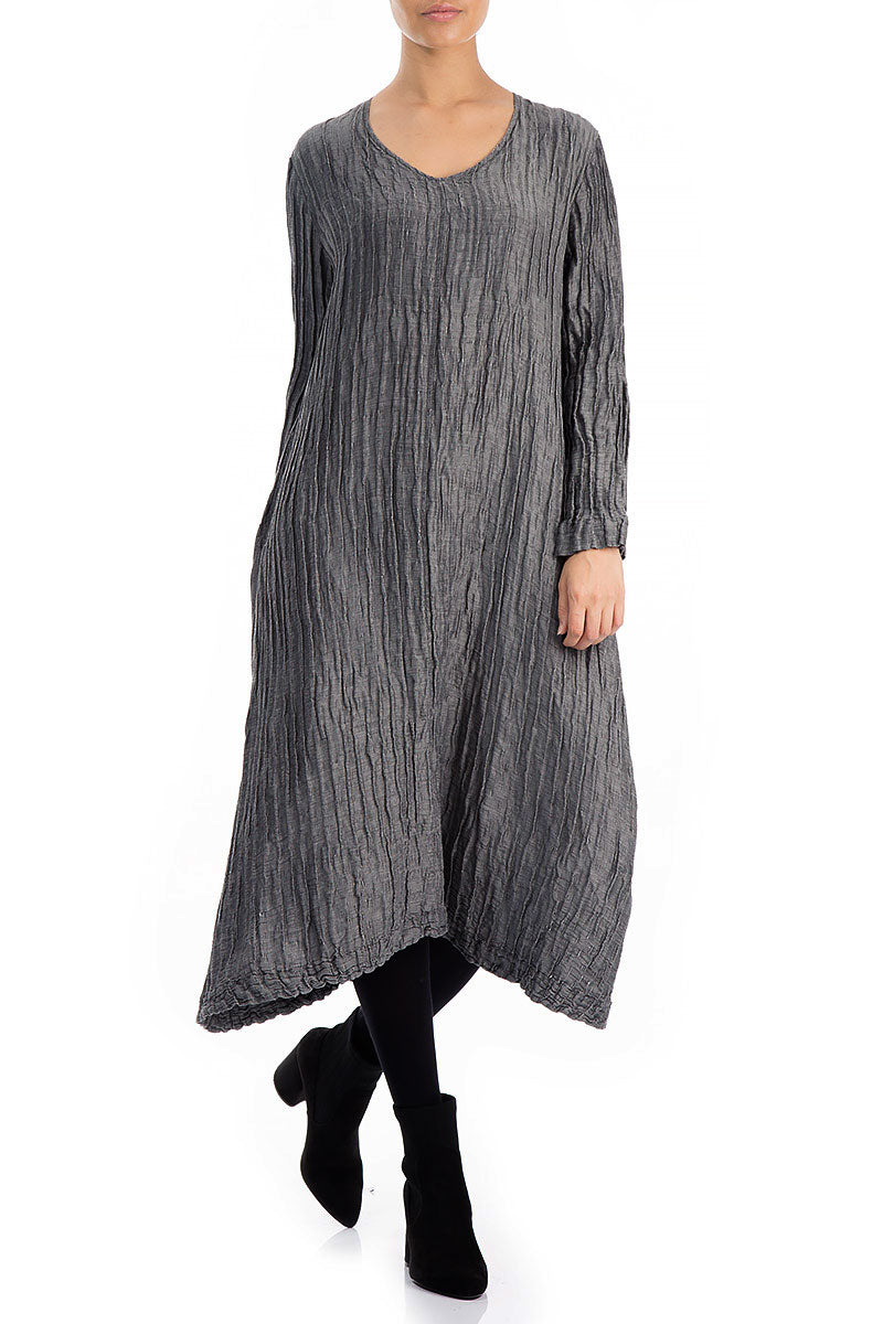 Long Sleeves Crinkled Silver Silk Linen Dress 3