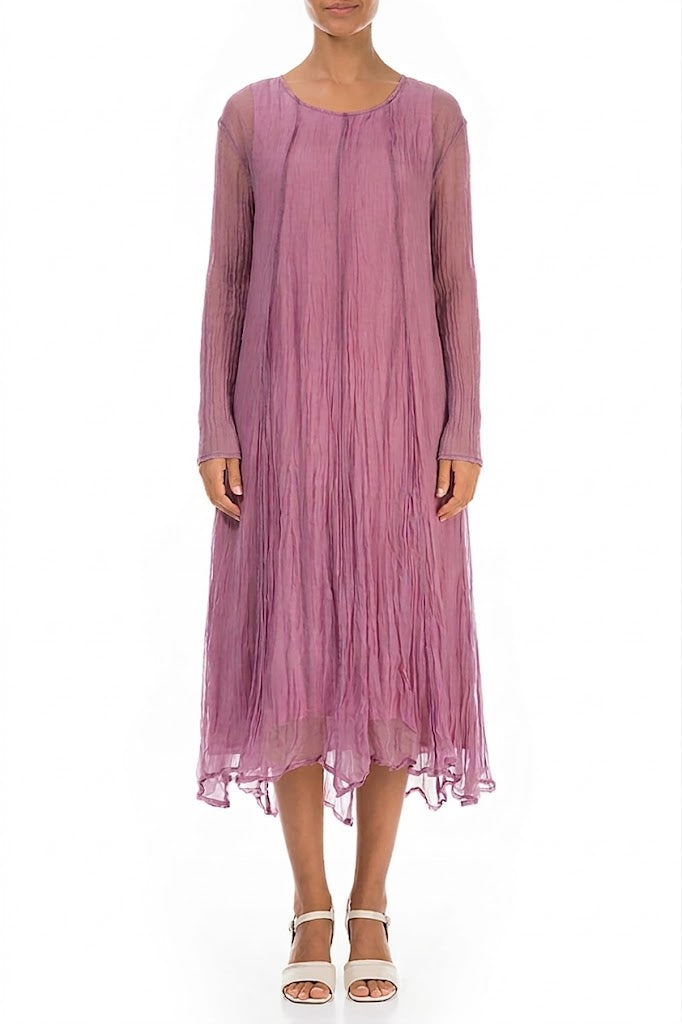 Long Sleeves Mauve Taupe Crumpled Silk Chiffon Dress 1