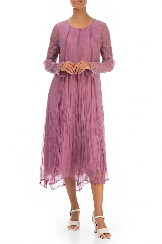 Long Sleeves Mauve Taupe Crumpled Silk Chiffon Dress 3
