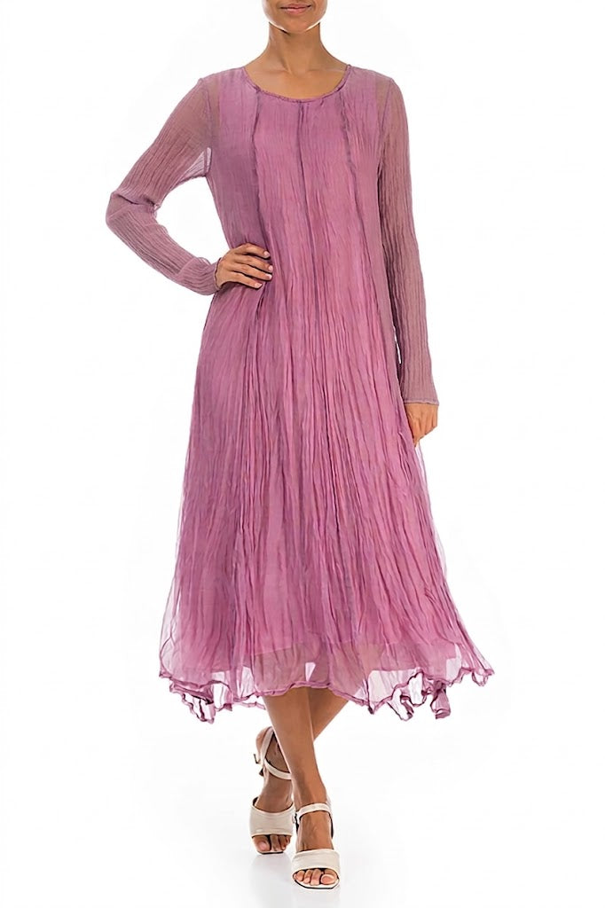 Long Sleeves Mauve Taupe Crumpled Silk Chiffon Dress 4