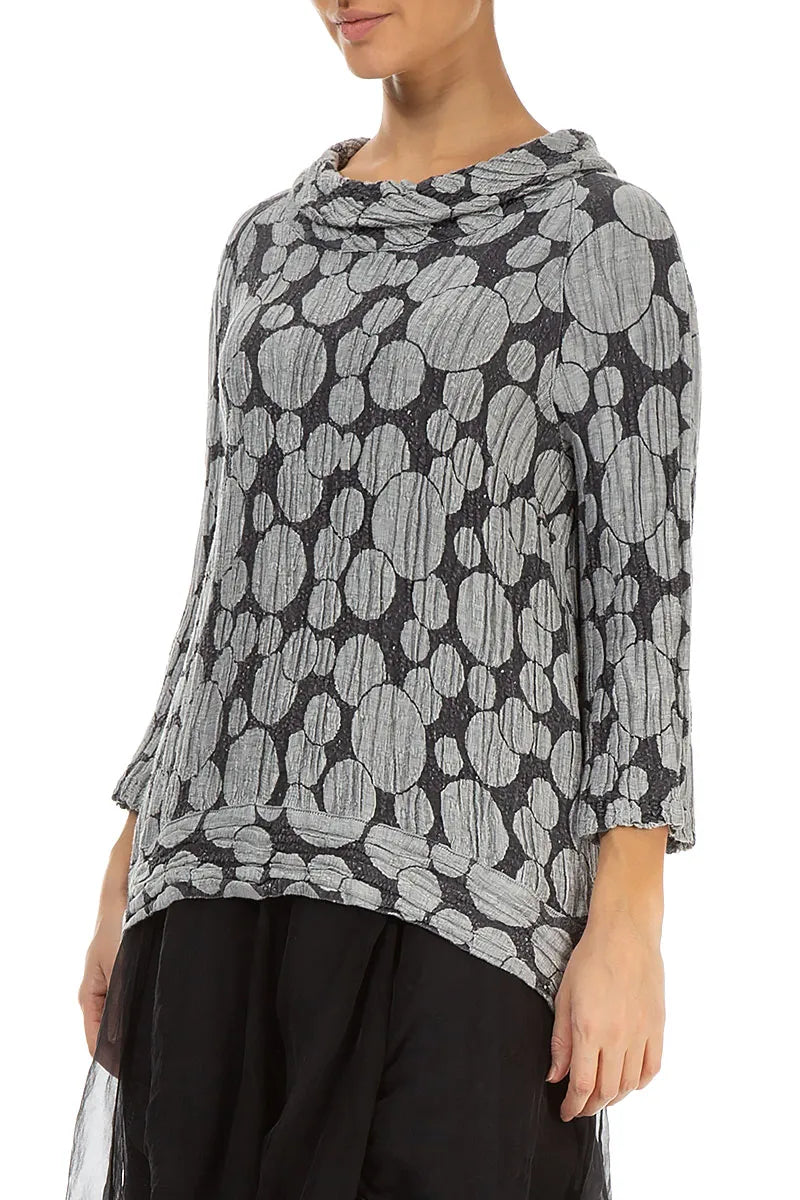 Cropped Sleeves Silver Circle Silk Linen Blouse