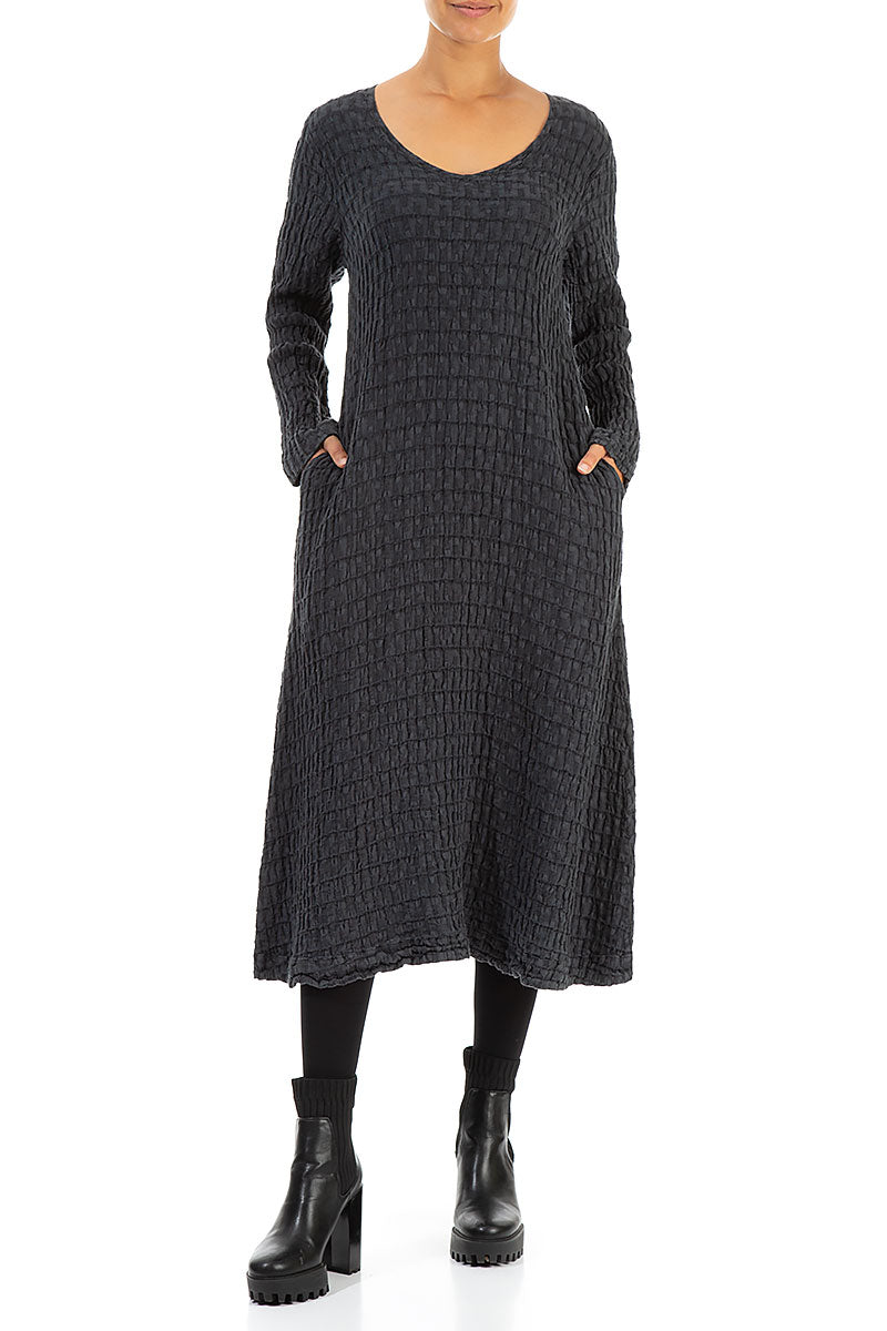 Long Sleeves Textured Anthracite Linen Dress 4