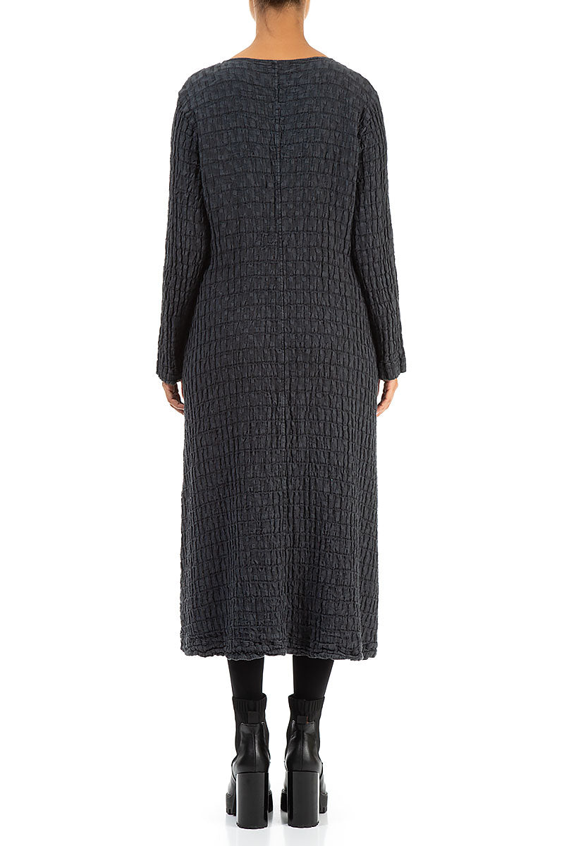 Long Sleeves Textured Anthracite Linen Dress 2