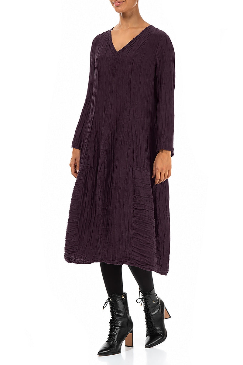 Long Sleeves V-Neck Crinkled Deep Plum Silk Dress