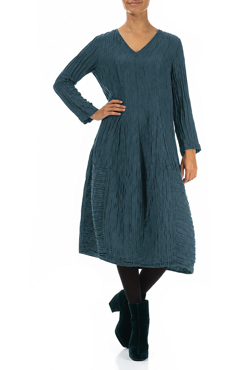 Long Sleeves V-Neck Crinkled Deep Turquoise Silk Dress