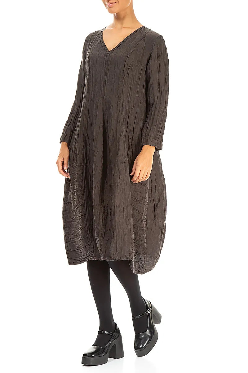 Long Sleeves V-neck Crinkled Forest Brown Silk Dress 3