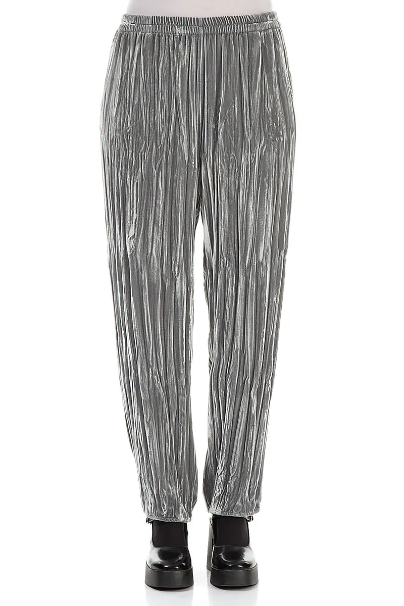 Long Taper Silver Crumpled Silk Velvet Trousers 1