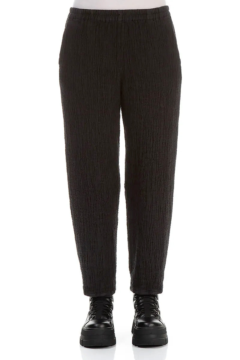 Long Tapered Black Textured Linen Trousers 1