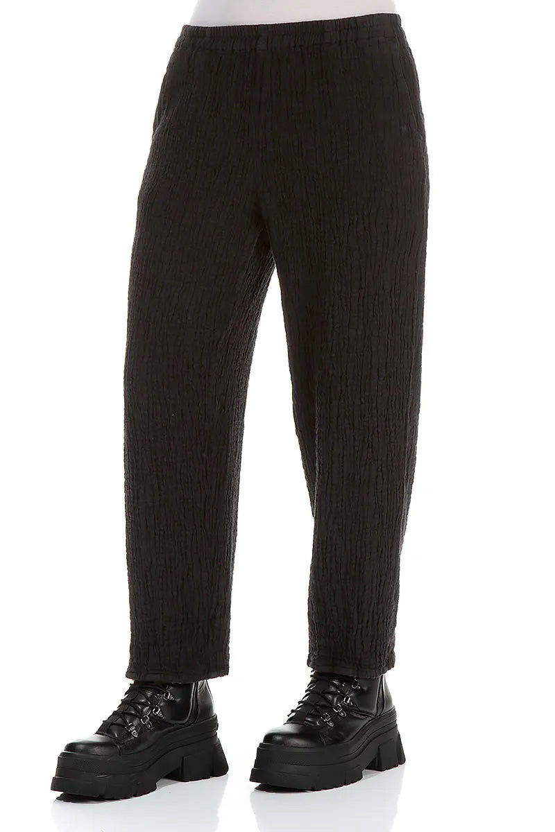 Long Tapered Black Textured Linen Trousers 3