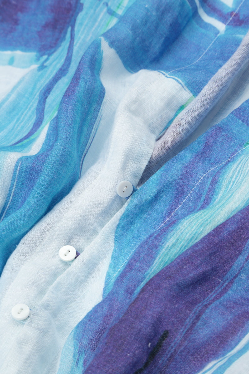 Longer Back Blue Brushstroke Linen Shirt