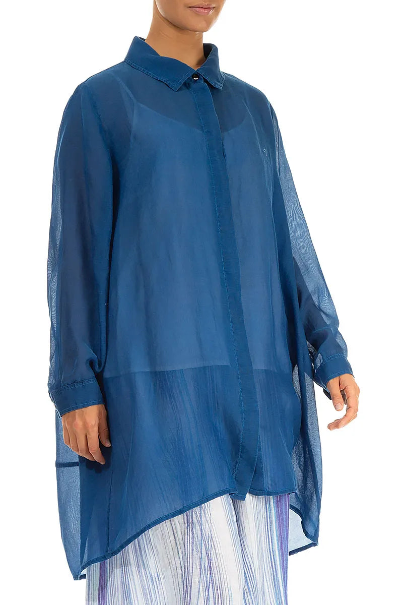 Longer Back Cobalt Blue Silk Cotton Shirt