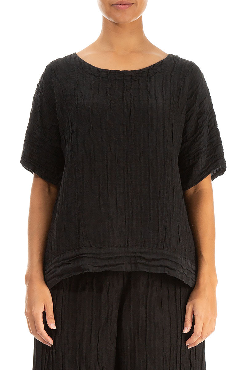 Longer Back Crinkled Black Silk Linen Blouse 1