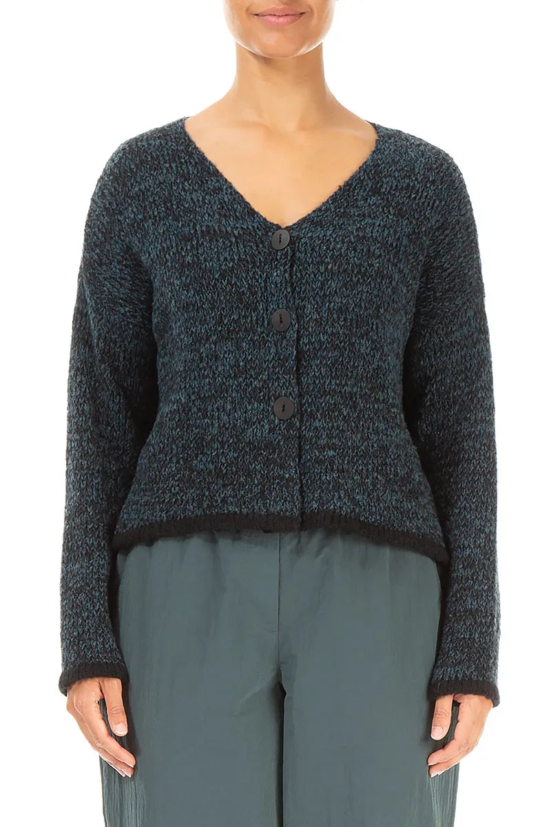 Longer Back Mélange Dark Teal Wool Cardigan 1