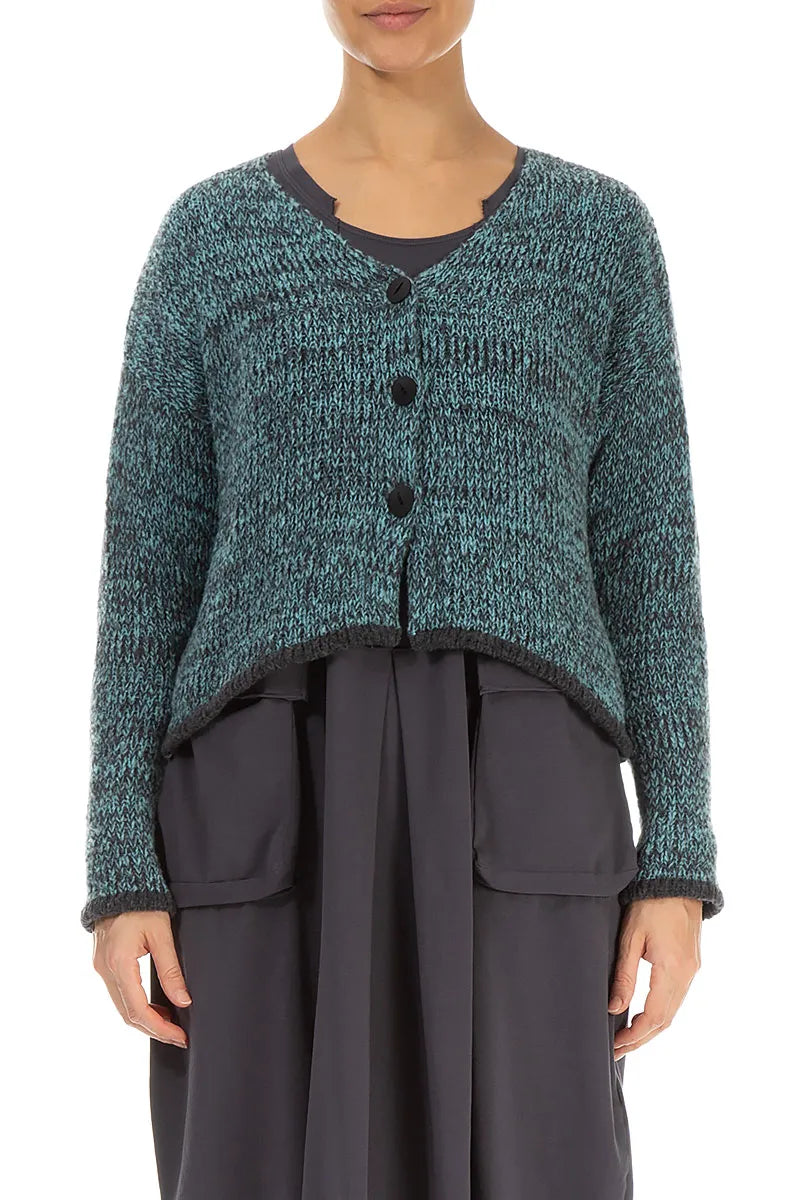 Longer Back Mélange Teal Wool Cardigan 1