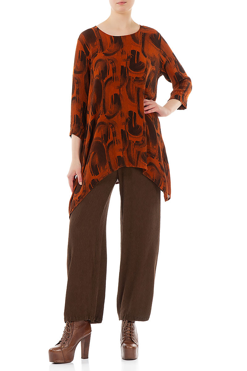Longer Edge Burnt Orange Paintwave Silk Viscose Tunic 4