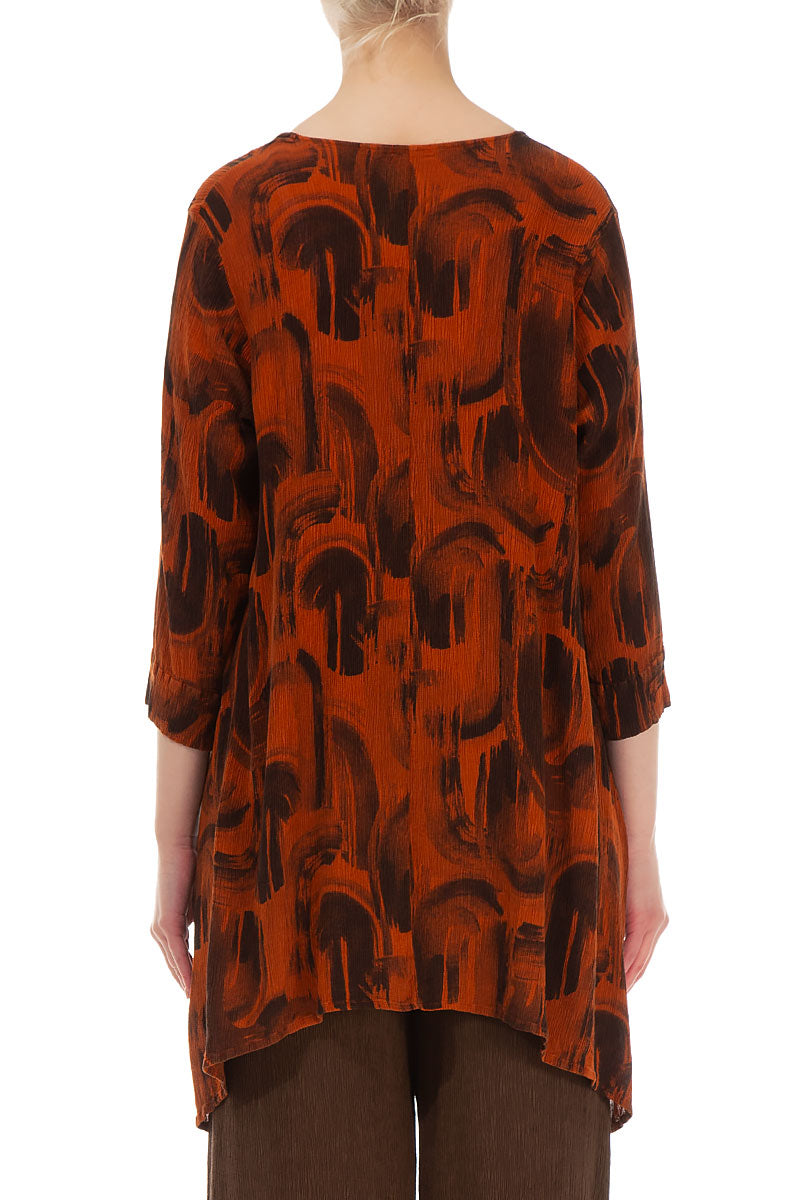 Longer Edge Burnt Orange Paintwave Silk Viscose Tunic 2