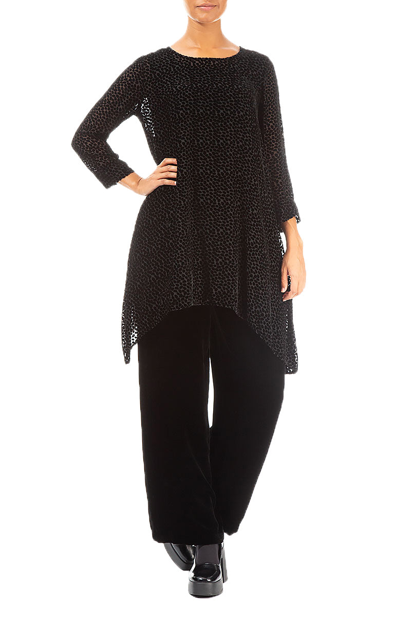 Longer Edge Devoré Dot Black Silk Velvet Tunic 4