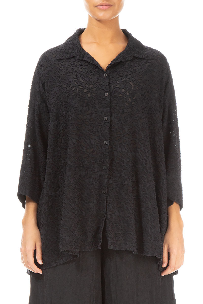 Loose Black Floral Texture Silk Shirt