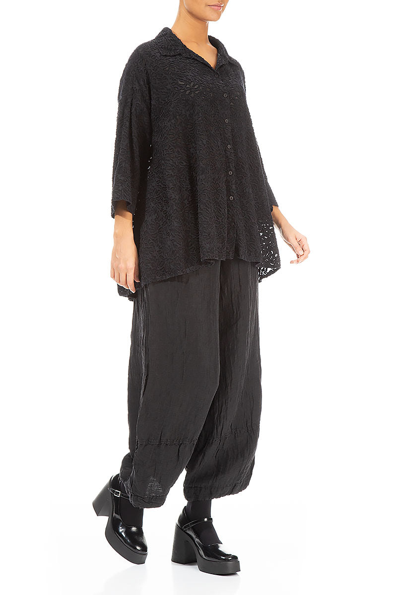 Loose Black Floral Texture Silk Shirt