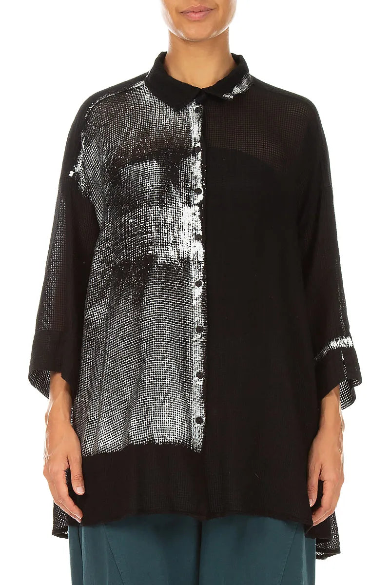Loose Black Silver Metallic Mesh Silk Shirt 2