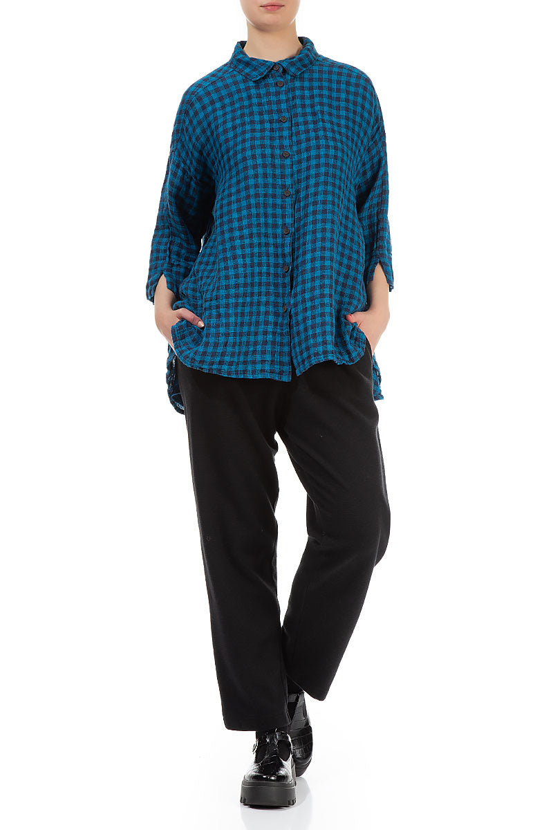 Loose Blue Check Linen Shirt 5