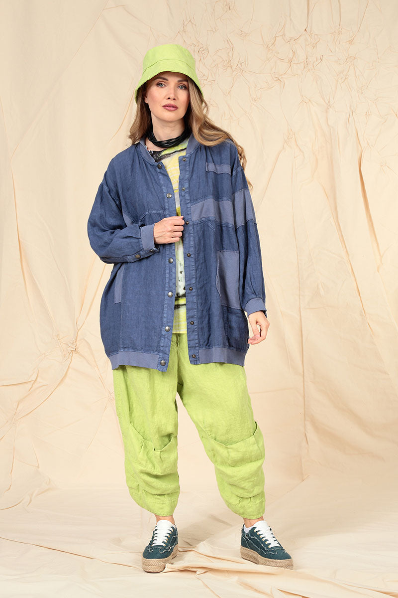 Loose Blue Off-Dye Linen Bomber Jacket 7