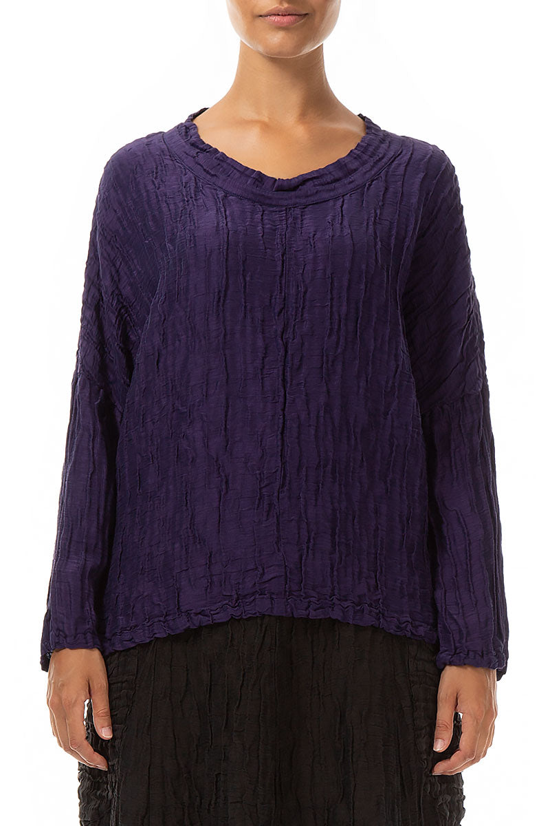 Loose Boxy Crinkled Royal Purple Silk Linen Blouse 1