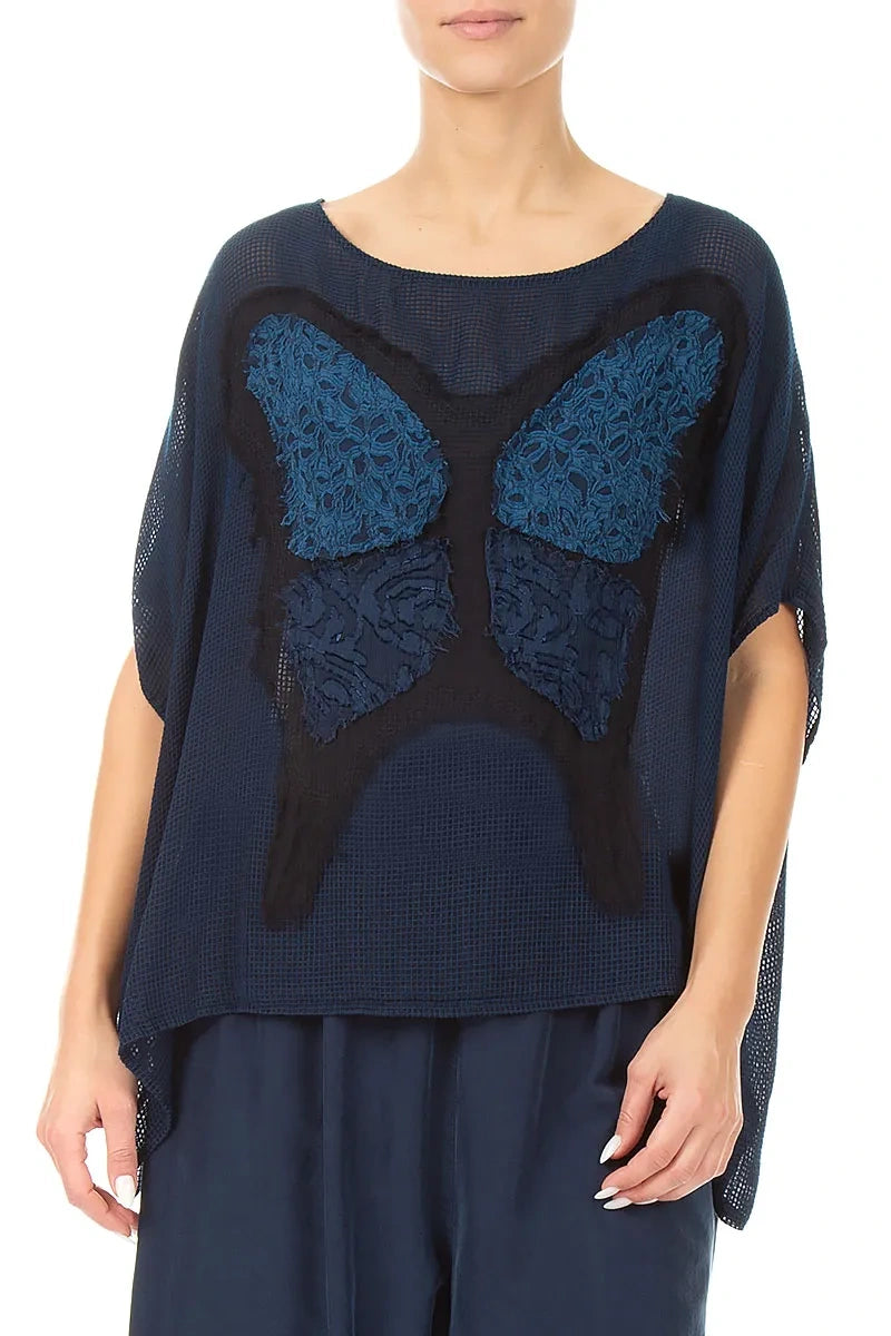Loose Butterfly Navy Mesh Silk Blouse