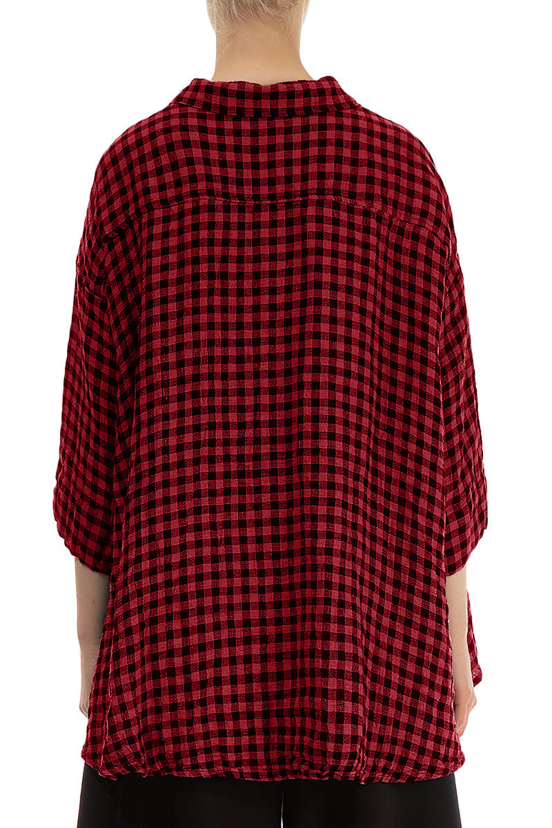 Loose Red Check Linen Shirt 2