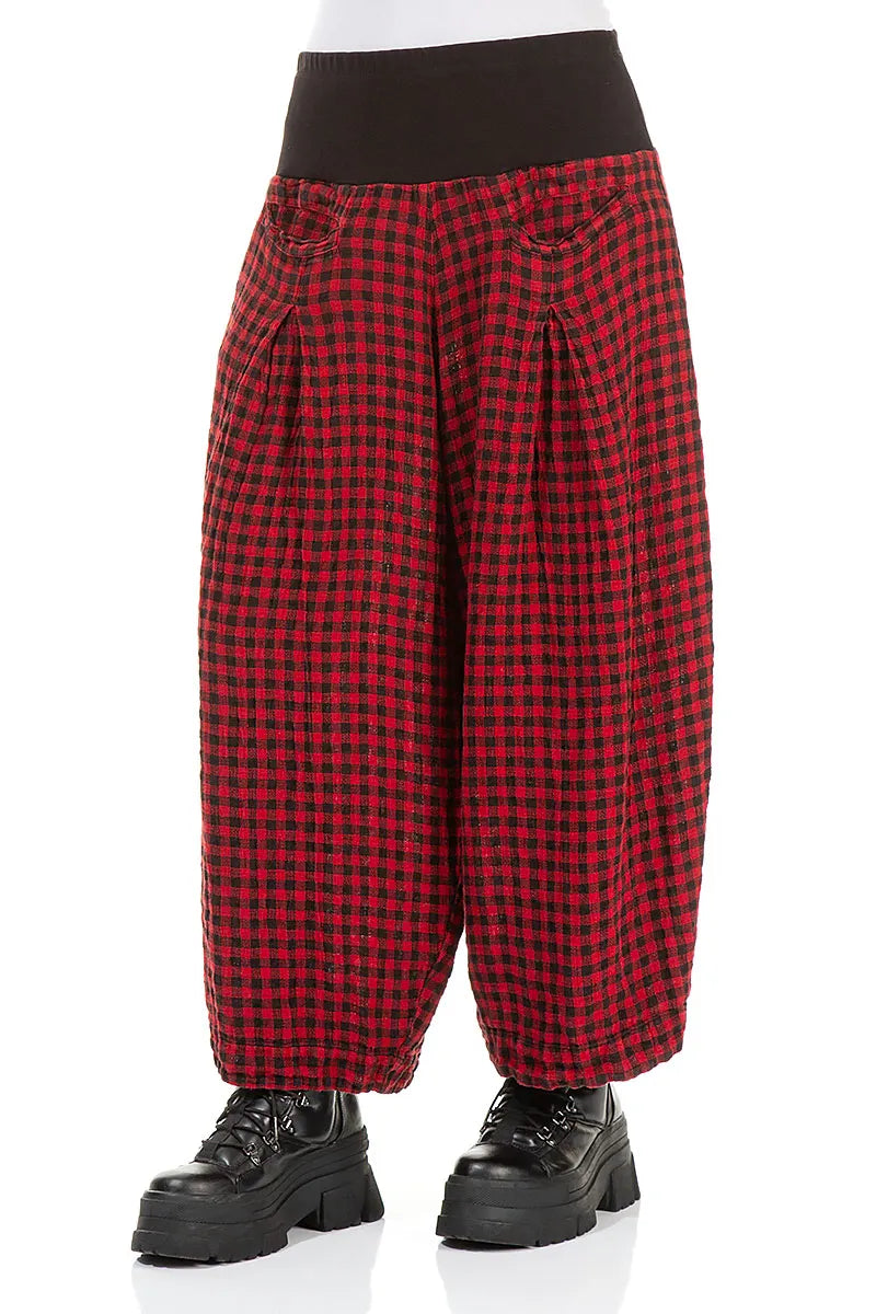 Loose Red Check Linen Trousers