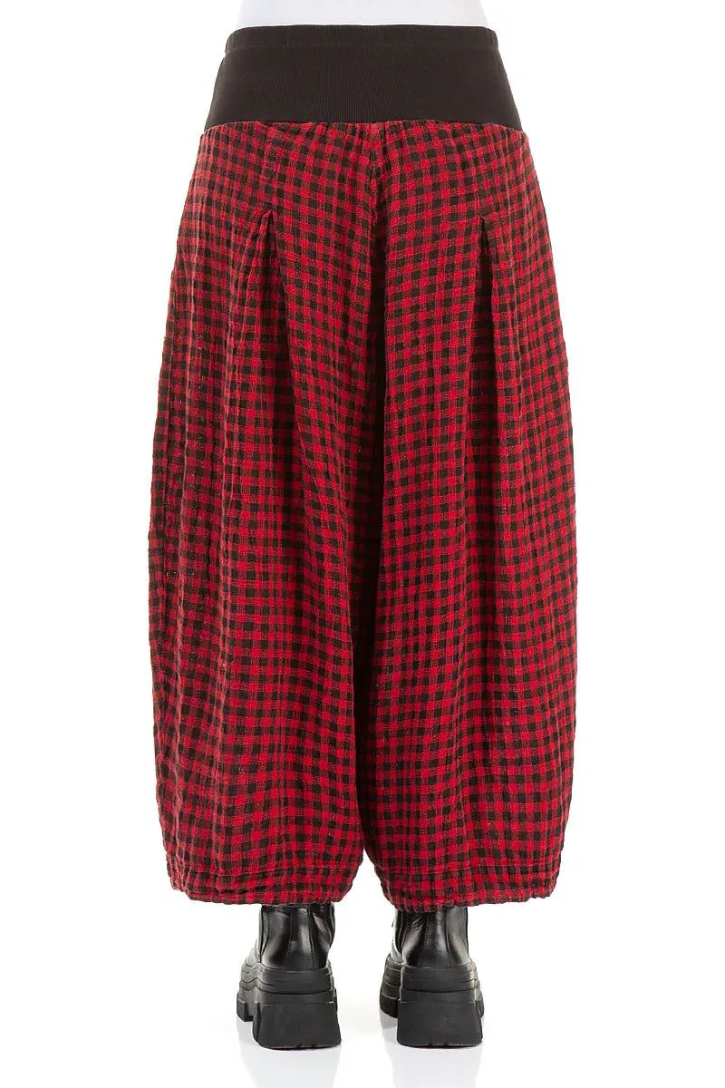 Loose Red Check Linen Trousers