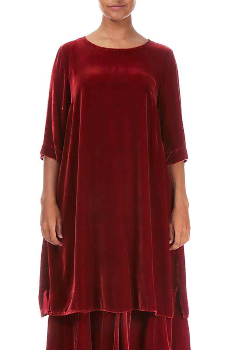 Loose Cherry Red Silk Velvet Tunic