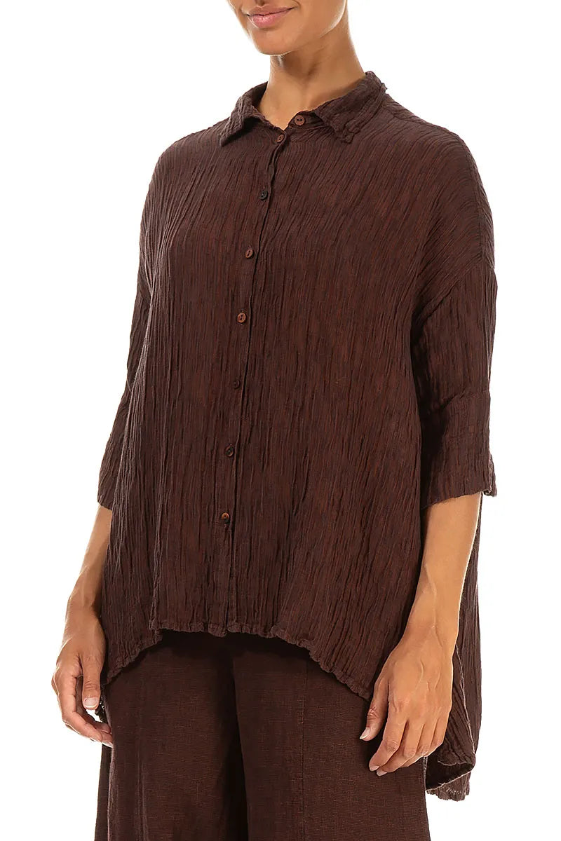 Loose Crinkled Dark Brick Silk Shirt