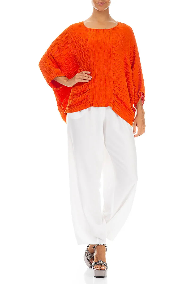 Loose Crinkled Flame Orange Silk Blouse 4
