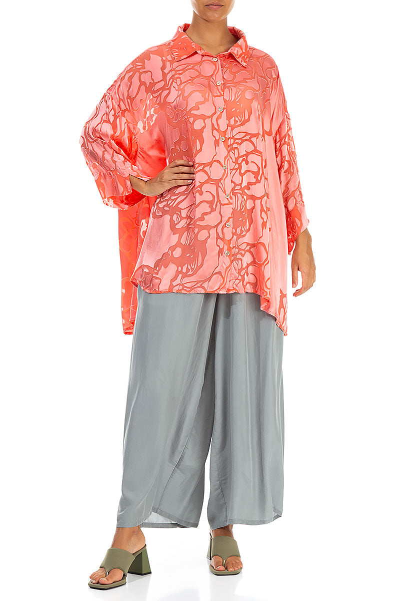 Loose Floral Living Coral Silk Shirt 4