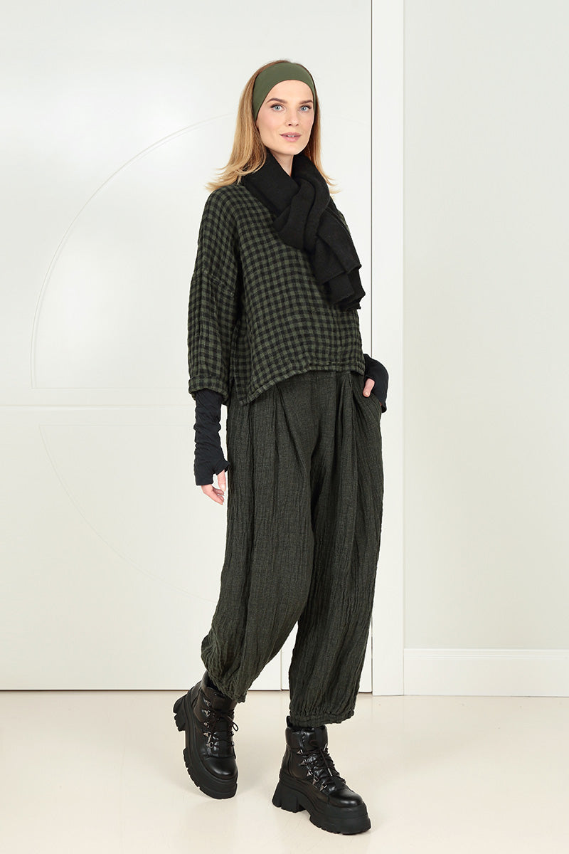 Loose Forest Mist Check Linen Blouse 6