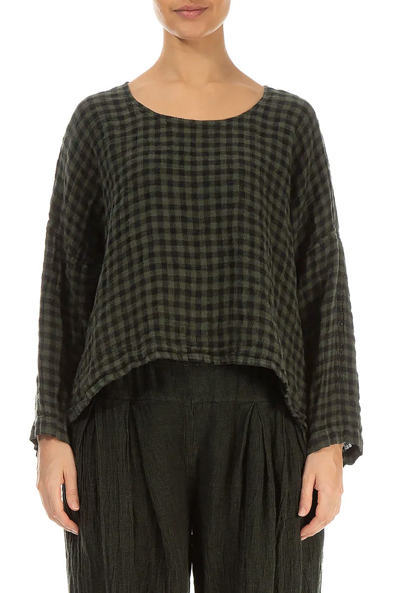 Loose Forest Mist Check Linen Blouse 1