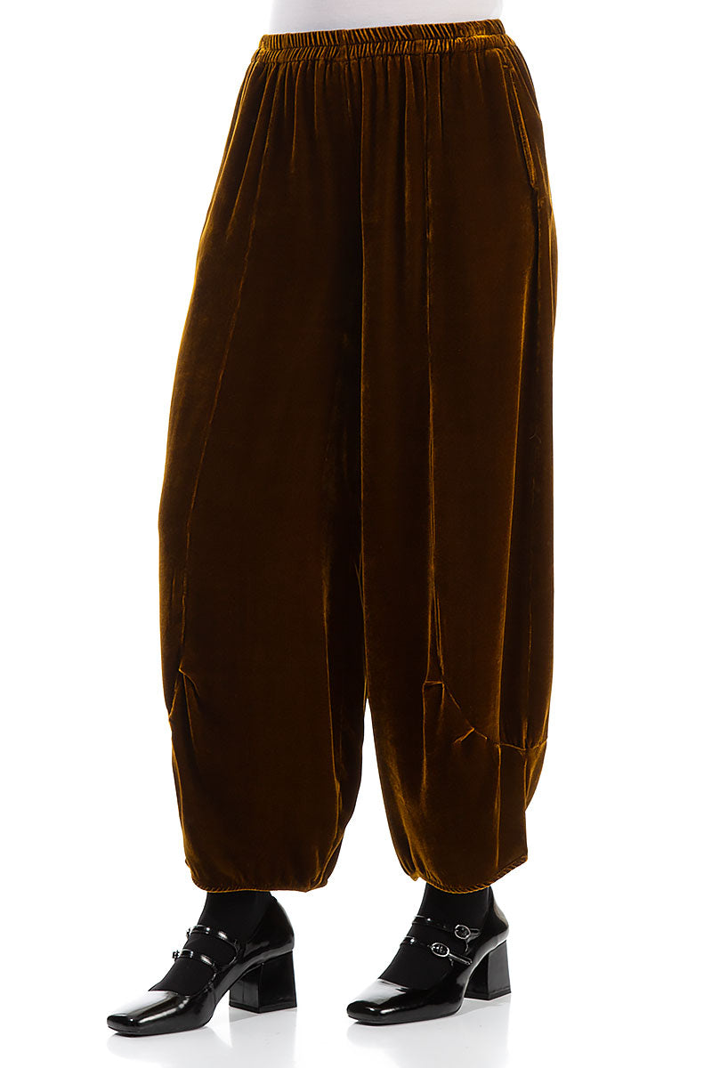 Loose Golden Olive Silk Velvet Trousers 3