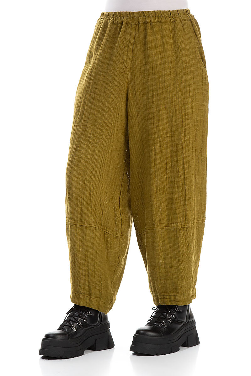 Loose Golden Olive Textured Linen Trousers 3