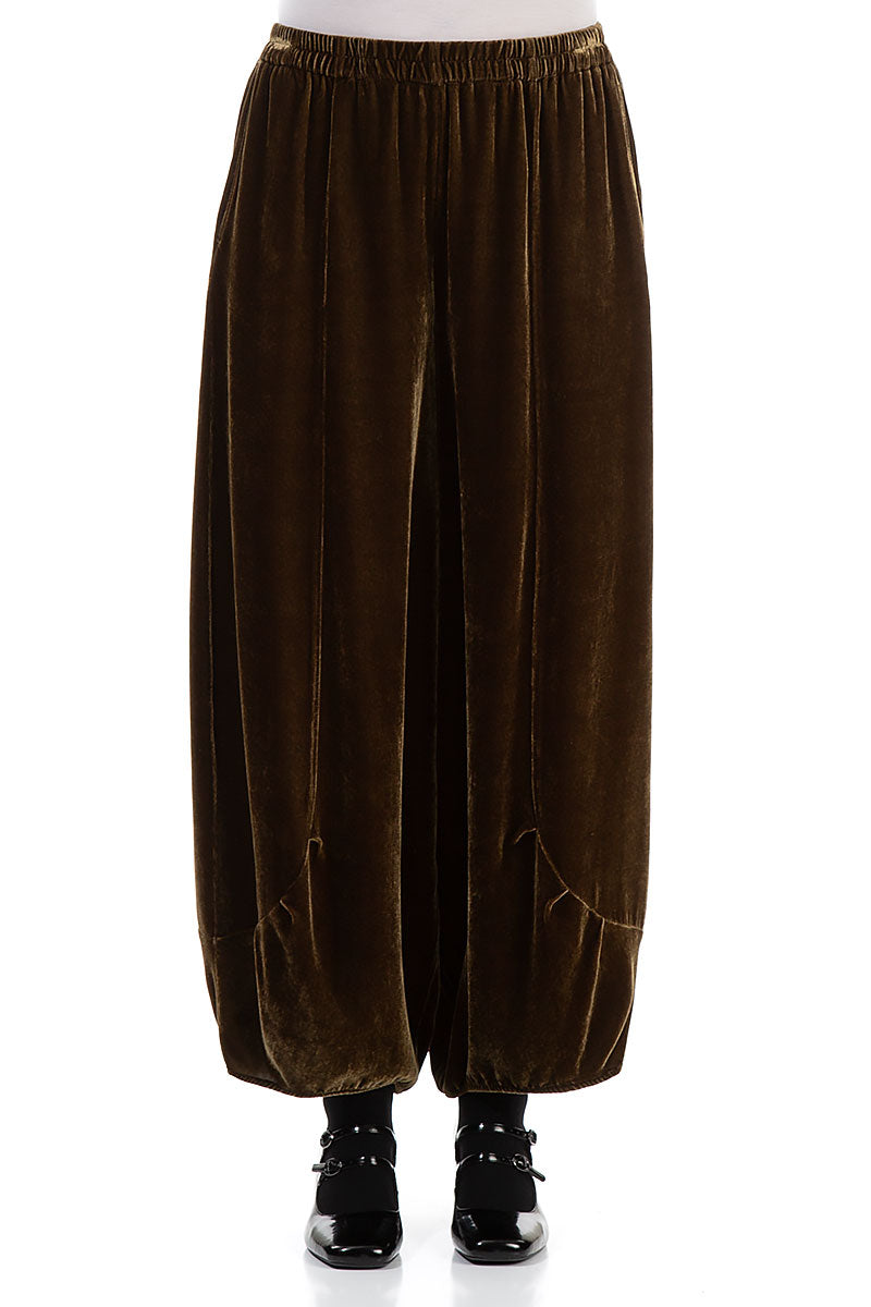 Loose Golden Sage Silk Velvet Trousers 1