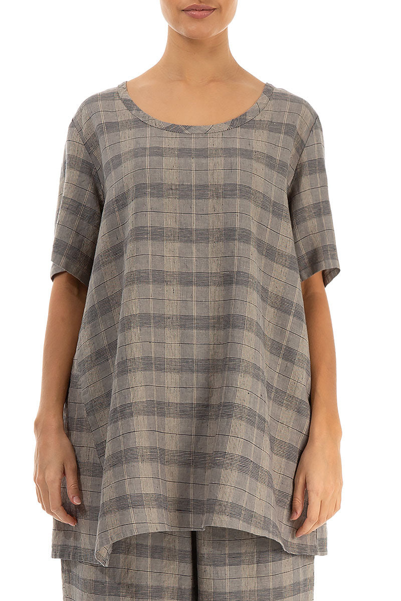Loose Greige Check Linen Tunic