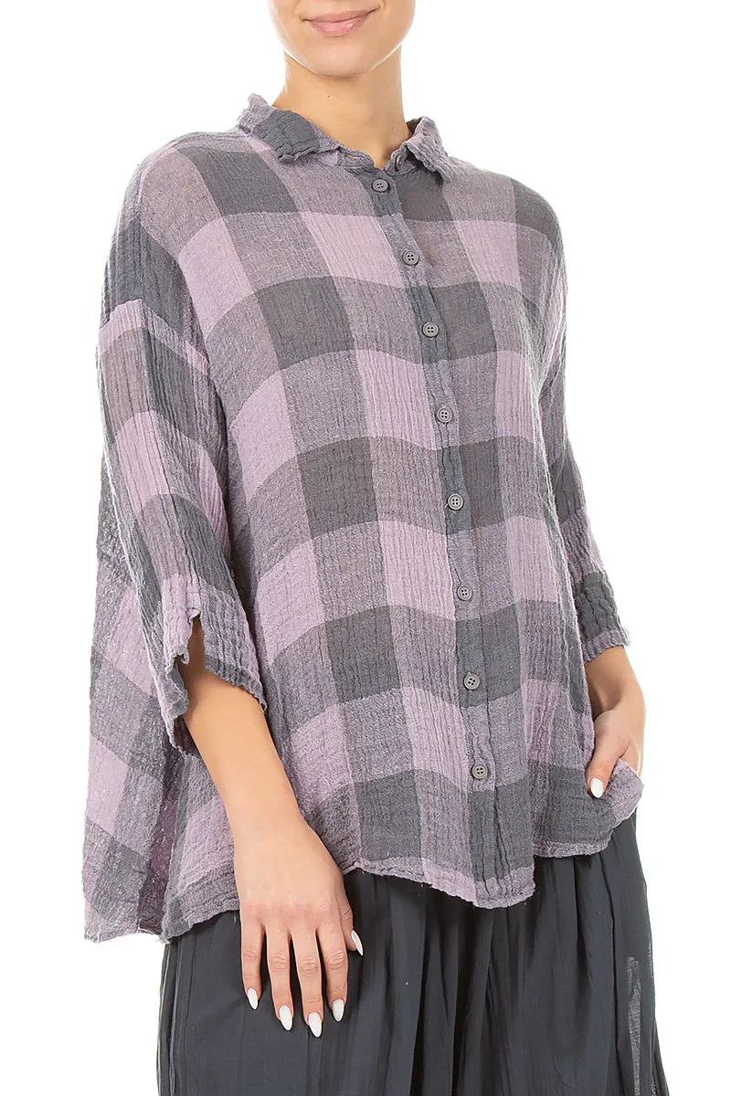 Loose Large Check Lilac Gauze Linen Shirt 4
