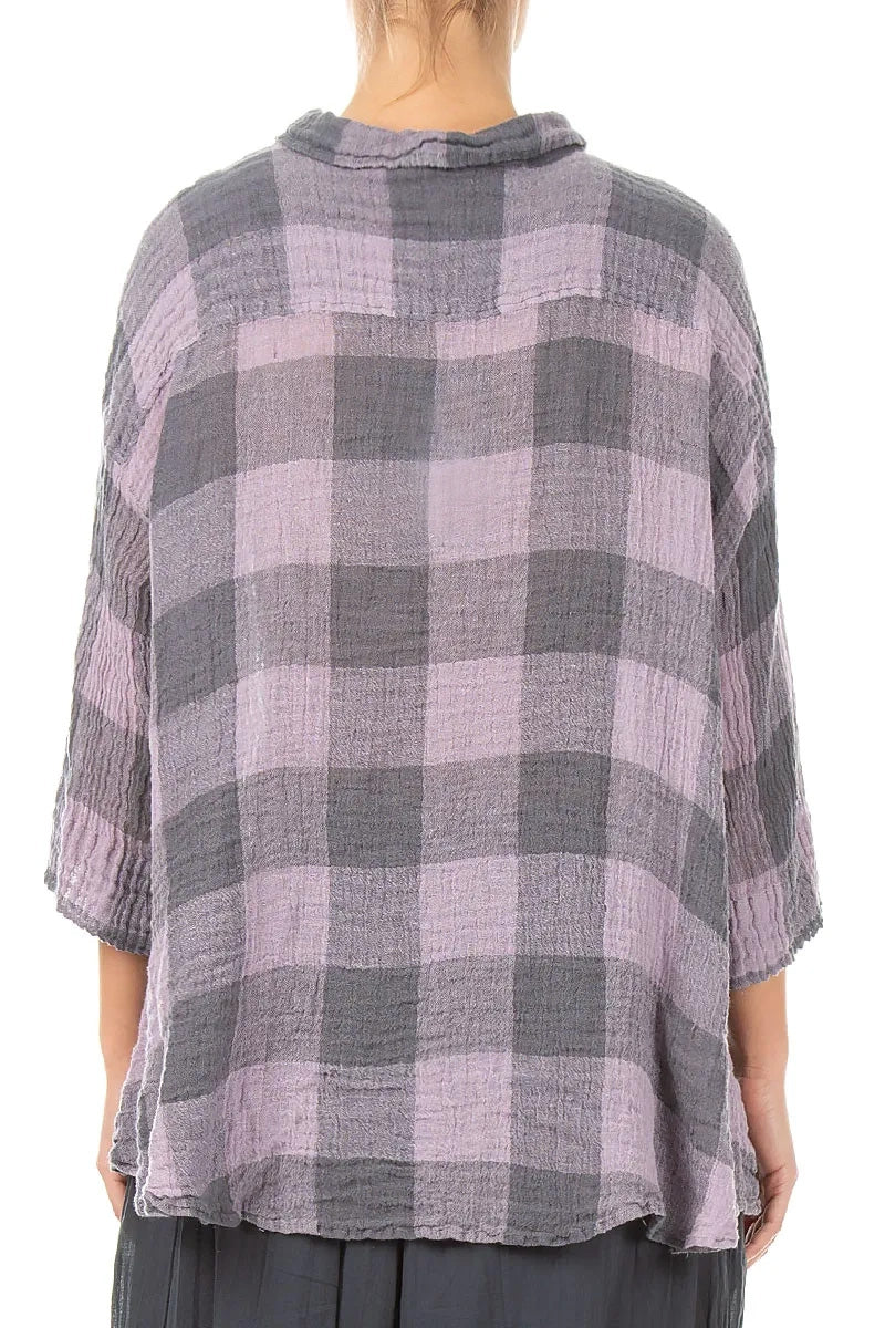 Loose Large Check Lilac Gauze Linen Shirt 3