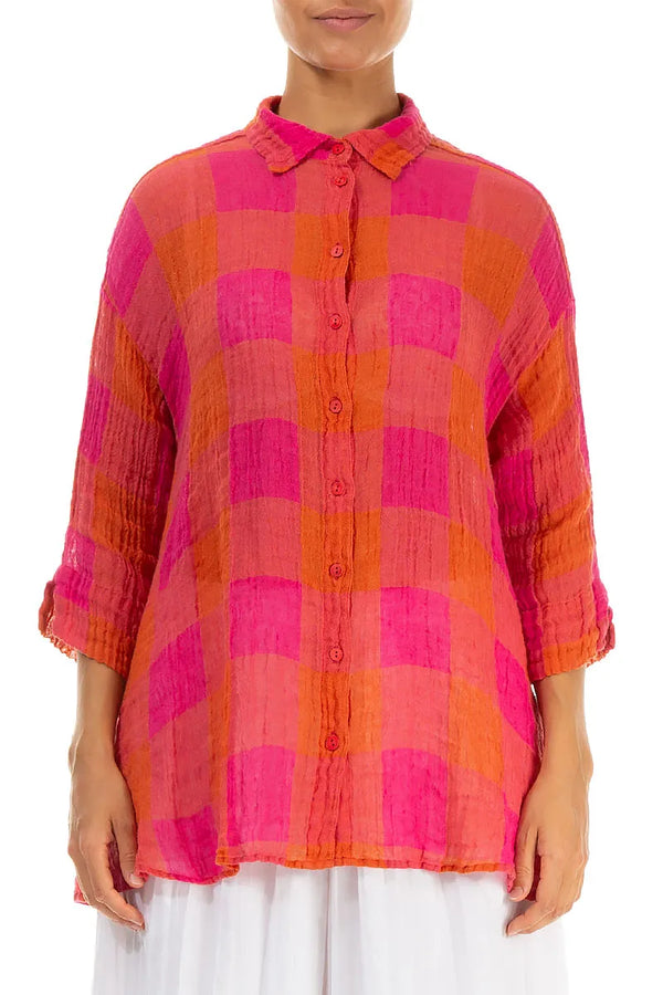 Chemise ample en gaze de lin à grands carreaux rose orange