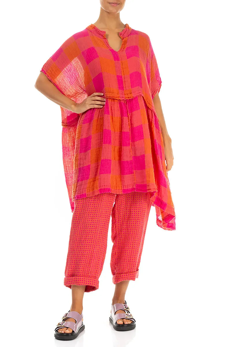 Loose Large Check Pink Orange Gauze Linen Tunic