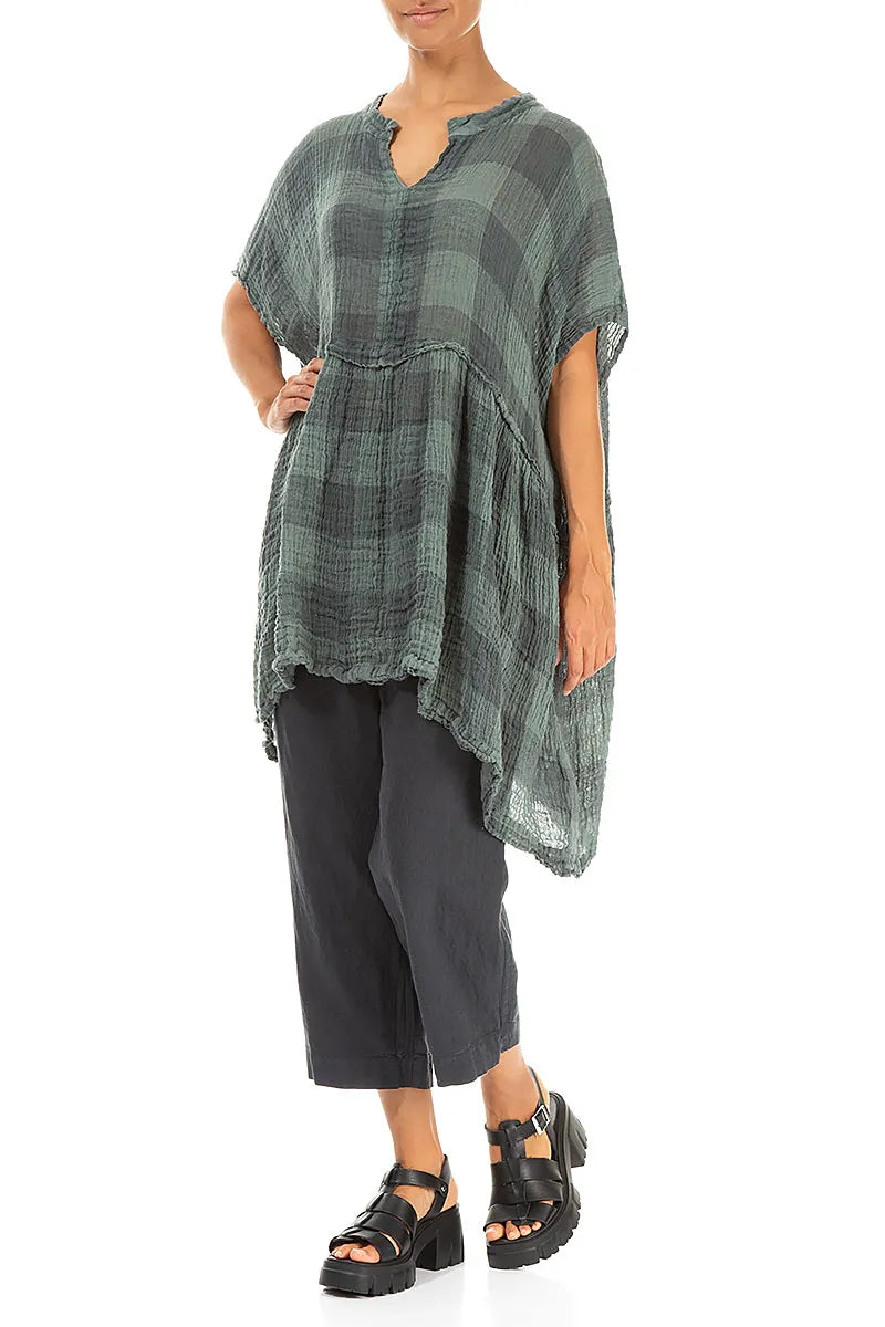 Loose Large Check Sage Gauze Linen Tunic 5