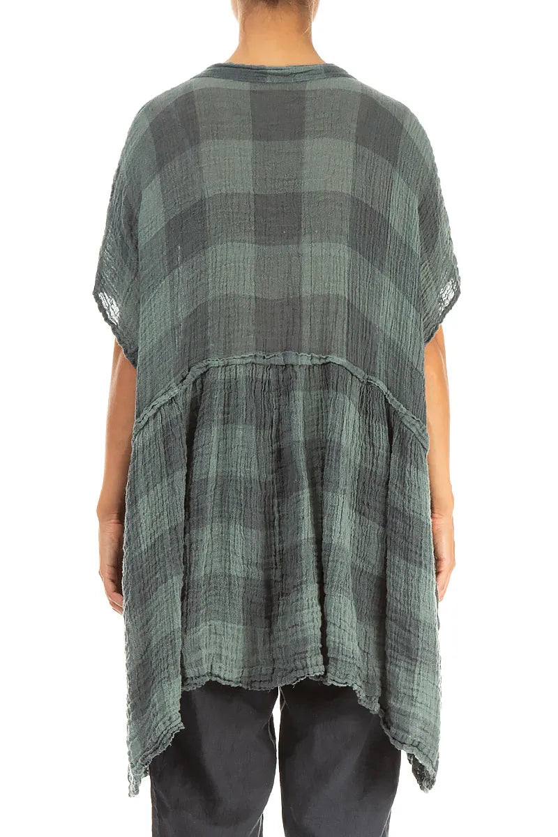Loose Large Check Sage Gauze Linen Tunic 3