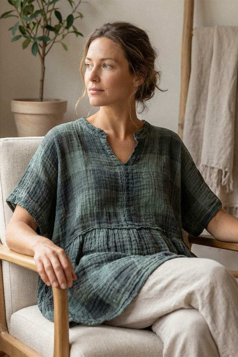 Loose Large Check Sage Gauze Linen Tunic 1